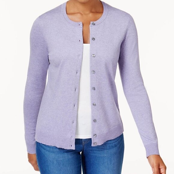 Karen Scott Cardigan Crewneck Long Sleeve Button Front Tight Knit Straight Hem - Picture 1 of 7